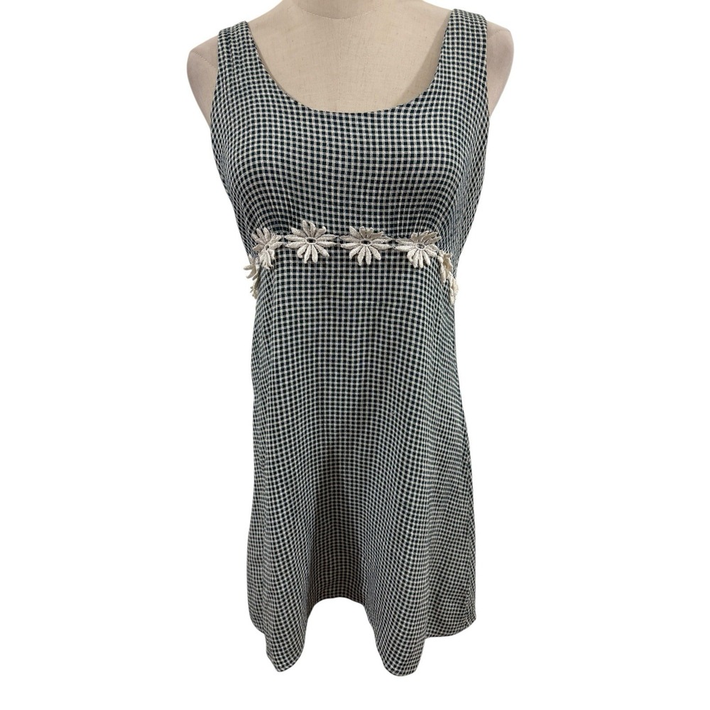 Vtg 90s Dark Greeen Check Babydoll Mini Dress Floral‎ Applique Sz 9 Grunge Fairy